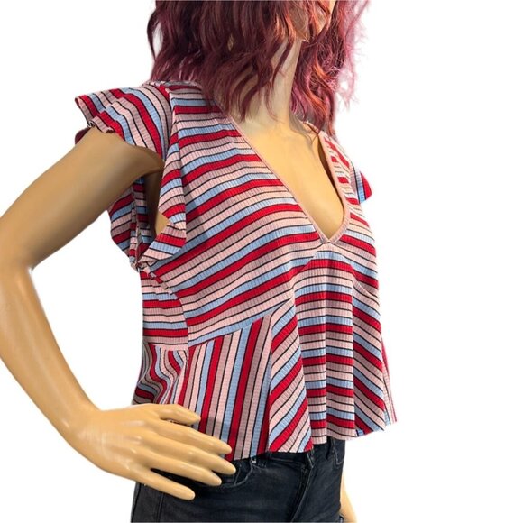 Wild Fable Womens Flutter Sleeve Peplum Cropped Top Large Stripe Y2K Boho Retro - Picture 2 of 4